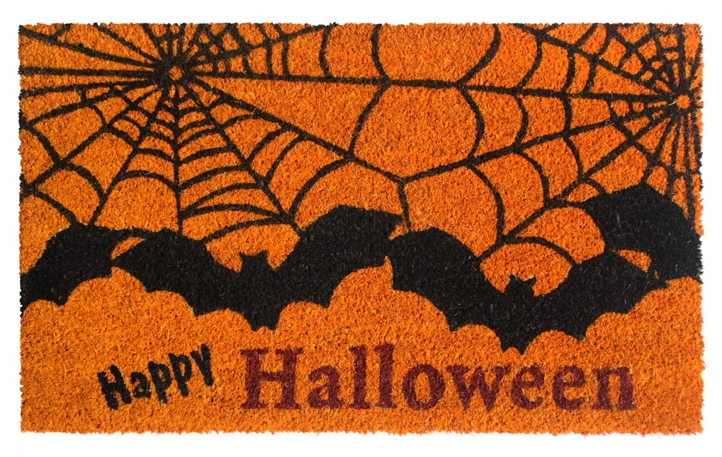 Black Happy Halloween Bat & Web Doormat