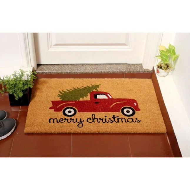 Red Merry Christmas Truck Coir Doormat