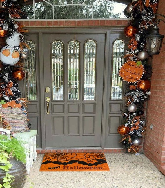 Black Happy Halloween Bat & Web Doormat