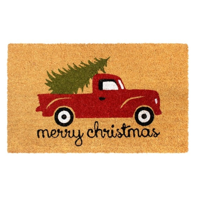 Red Merry Christmas Truck Coir Doormat
