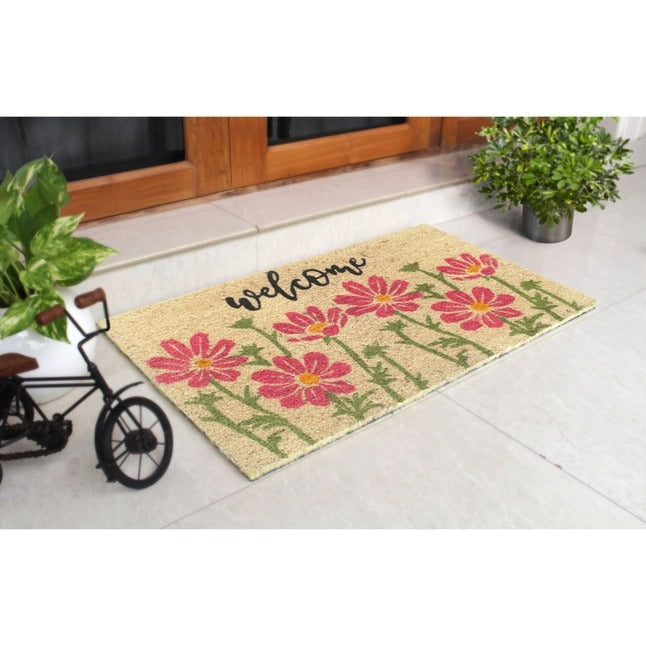 Welcome Pink Flowers Doormat