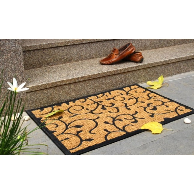 Black Moulded Rubber Coir Vines Doormat