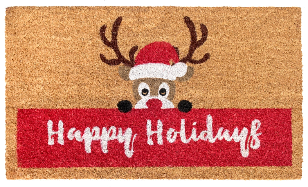 Red Happy Holidays Reindeer Doormat