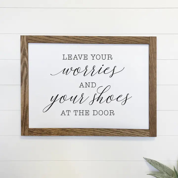 Leave Your Worries At the Door Canvas Wood Sign Framed Wall