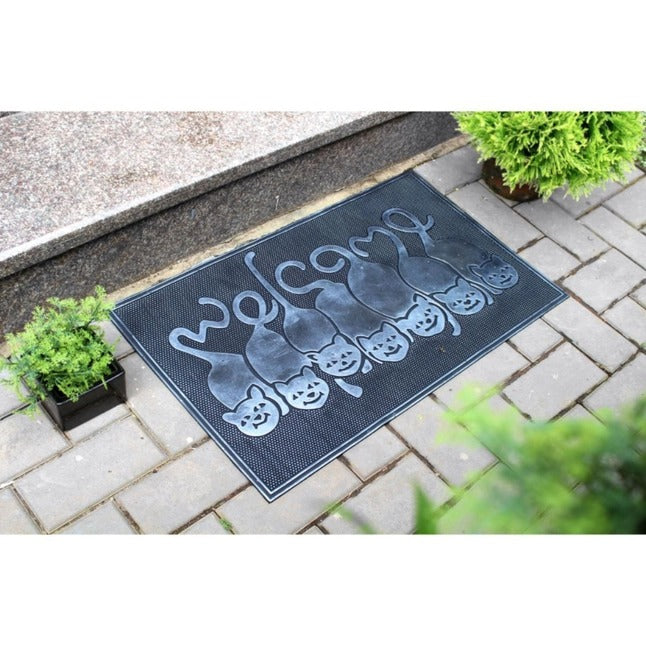 Blk Moulded Kitty Welcome Rubber Doormat