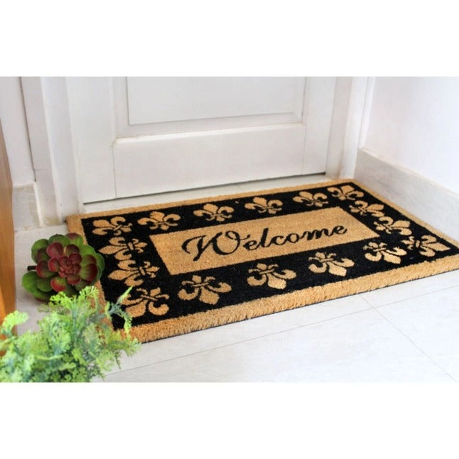 Black Welcome Fleur De Les Coir Doormat