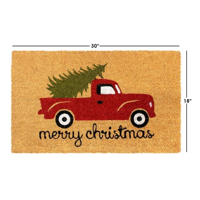 Red Merry Christmas Truck Coir Doormat