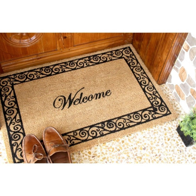 Natural Scroll Border Welcome Coir Doormat