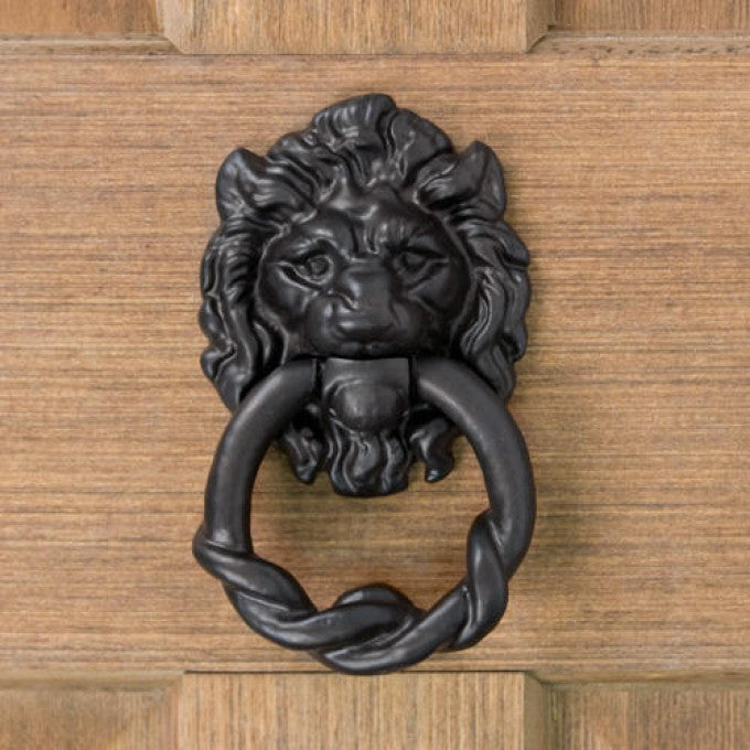 Hand-Forged Iron Lion Head Door Knocker - Black Powder Coat